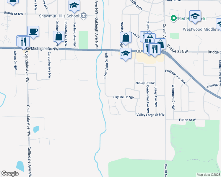 map of restaurants, bars, coffee shops, grocery stores, and more near 200 Bona Vista Drive Northwest in Grand Rapids