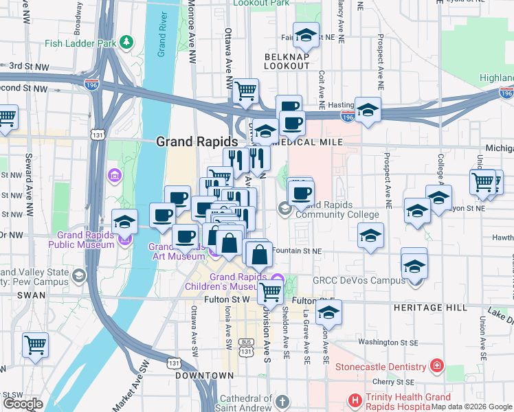 map of restaurants, bars, coffee shops, grocery stores, and more near in Grand Rapids