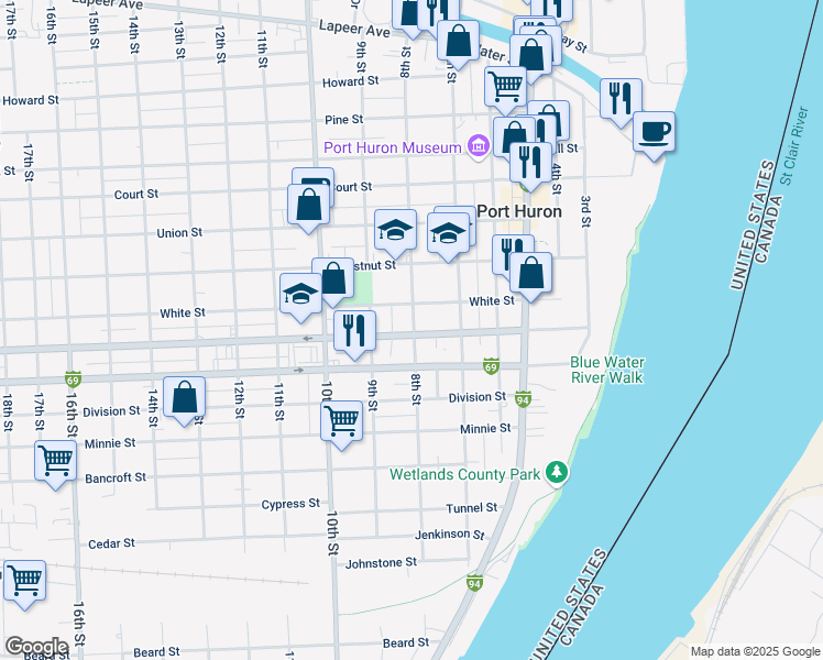 map of restaurants, bars, coffee shops, grocery stores, and more near 809 Griswold Street in Port Huron