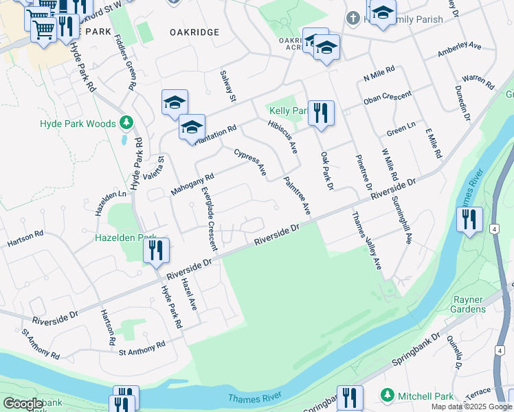map of restaurants, bars, coffee shops, grocery stores, and more near 970 Woodhaven Road in London