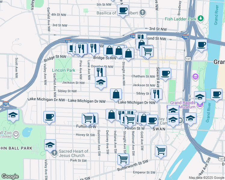 map of restaurants, bars, coffee shops, grocery stores, and more near 839 Sibley Street Northwest in Grand Rapids