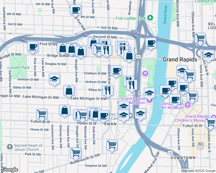 map of restaurants, bars, coffee shops, grocery stores, and more near 211 Seward Avenue Northwest in Grand Rapids