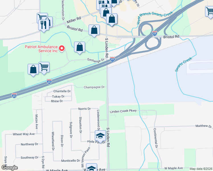 map of restaurants, bars, coffee shops, grocery stores, and more near 419 Linden Road in Flint