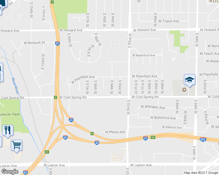 map of restaurants, bars, coffee shops, grocery stores, and more near 4239 South 94th Street in Greenfield