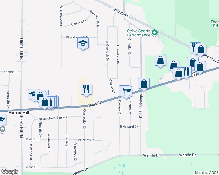 map of restaurants, bars, coffee shops, grocery stores, and more near 4420 Overlook Drive in Buffalo