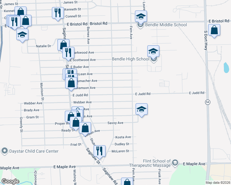 map of restaurants, bars, coffee shops, grocery stores, and more near 2189 E Judd Rd in Burton