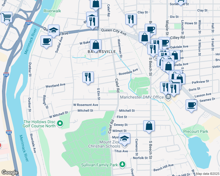 map of restaurants, bars, coffee shops, grocery stores, and more near 10 Hemond Street in Manchester