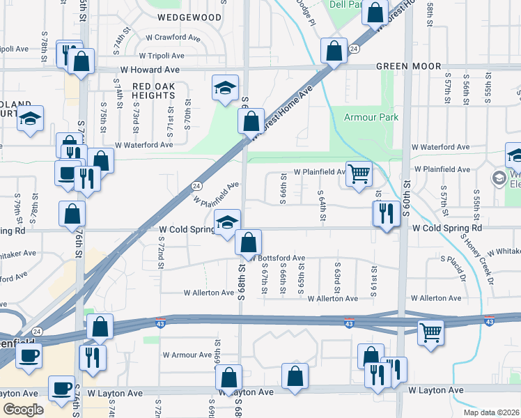 map of restaurants, bars, coffee shops, grocery stores, and more near 6709 West Leroy Avenue in Greenfield