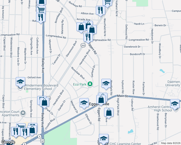 map of restaurants, bars, coffee shops, grocery stores, and more near 62 Garland Drive in Buffalo
