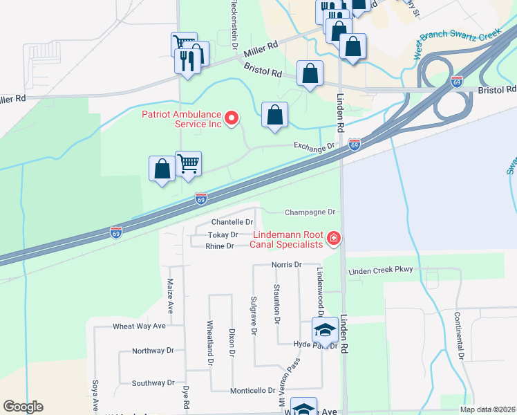 map of restaurants, bars, coffee shops, grocery stores, and more near 5000-5198 Champagne Dr in Flint