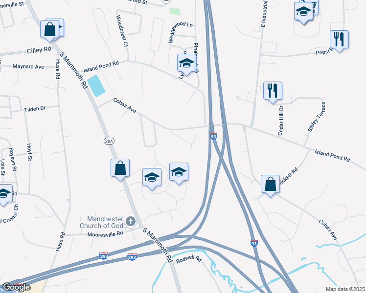 map of restaurants, bars, coffee shops, grocery stores, and more near 247 Old Cohas Avenue in Manchester