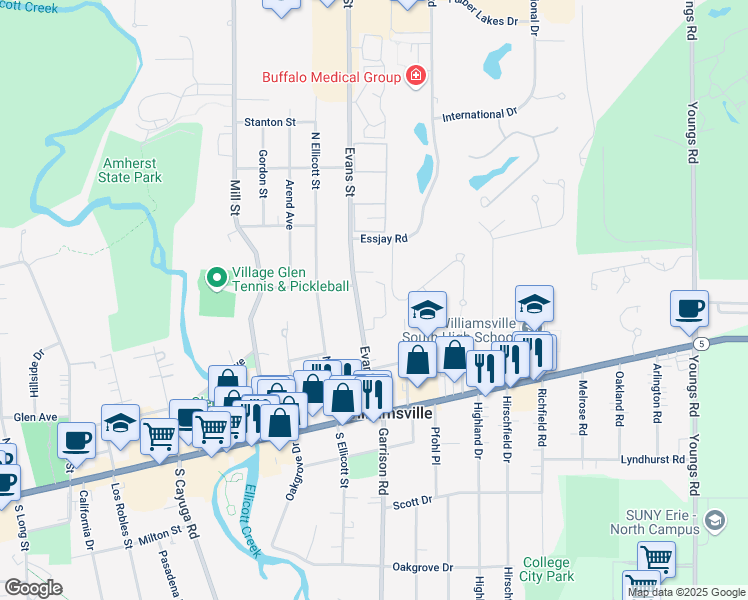 map of restaurants, bars, coffee shops, grocery stores, and more near 135 Evans Street in Williamsville
