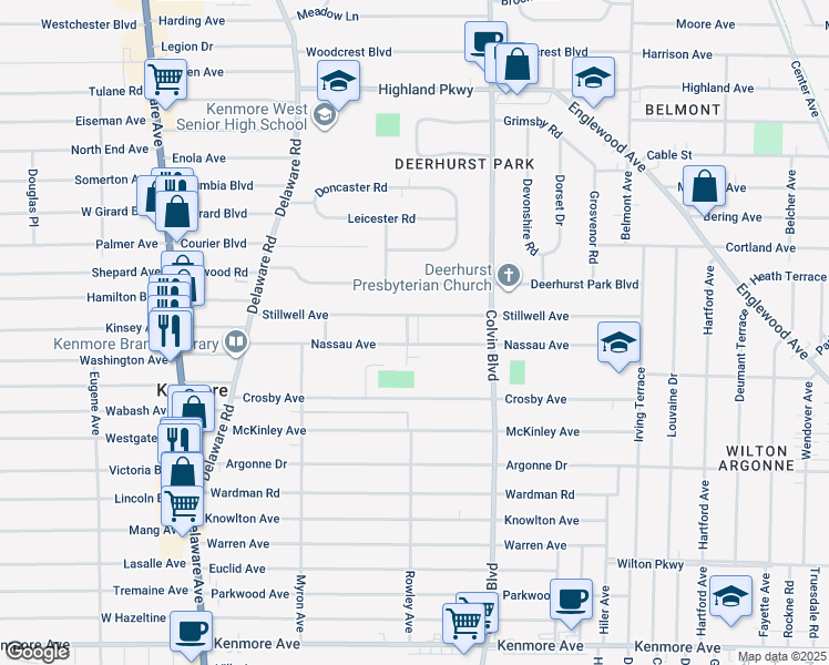 map of restaurants, bars, coffee shops, grocery stores, and more near 176 Nassau Avenue in Buffalo