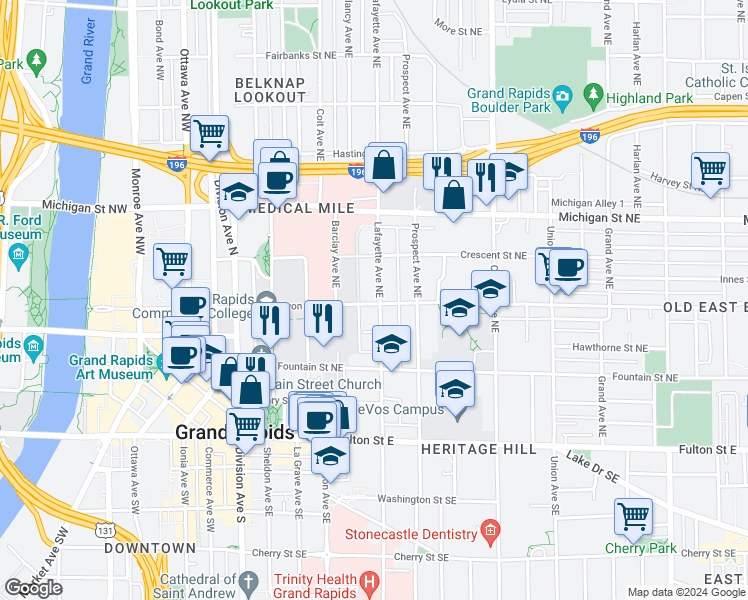 map of restaurants, bars, coffee shops, grocery stores, and more near 201 Lafayette Avenue Northeast in Grand Rapids