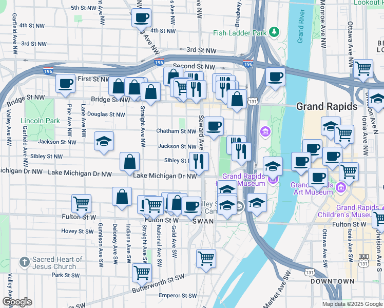 map of restaurants, bars, coffee shops, grocery stores, and more near 211 Seward Avenue Northwest in Grand Rapids