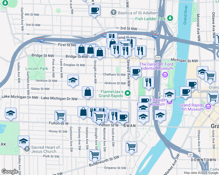 map of restaurants, bars, coffee shops, grocery stores, and more near 208 National Avenue Northwest in Grand Rapids
