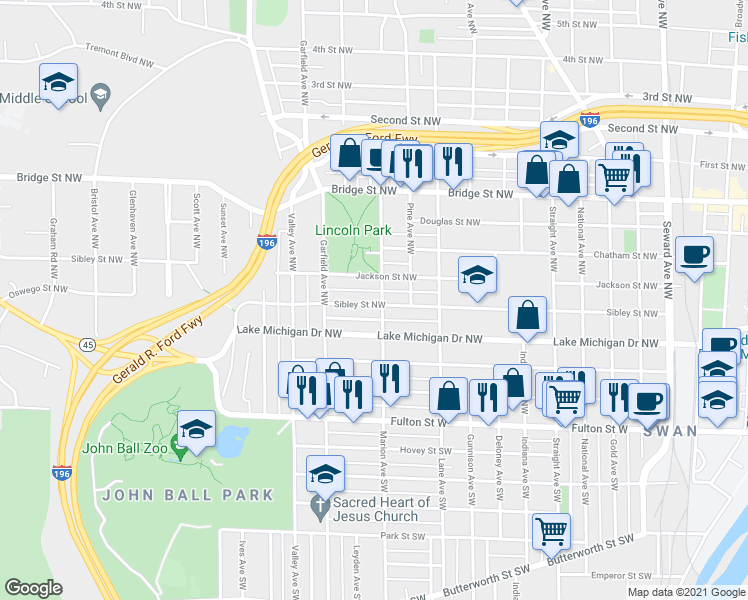 map of restaurants, bars, coffee shops, grocery stores, and more near 205 Marion Avenue Northwest in Grand Rapids