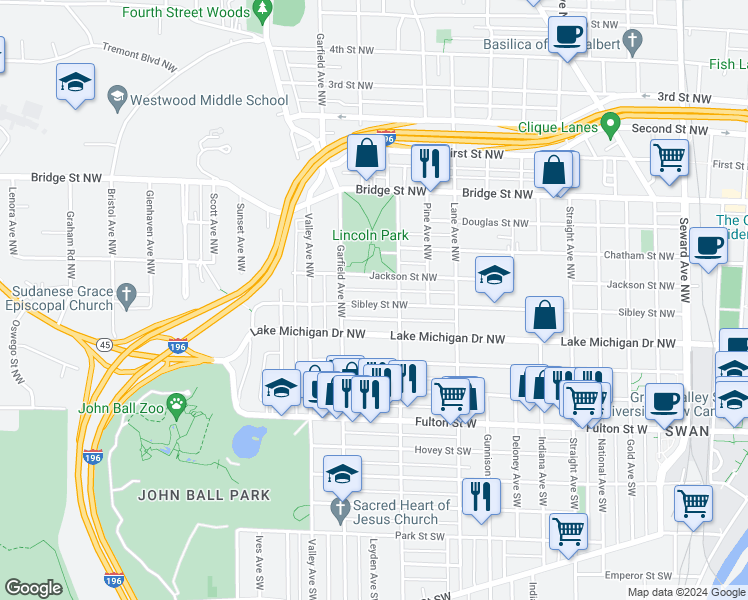 map of restaurants, bars, coffee shops, grocery stores, and more near 1137 Sibley Street Northwest in Grand Rapids