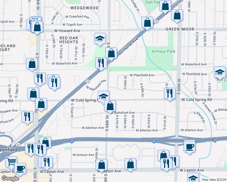 map of restaurants, bars, coffee shops, grocery stores, and more near 6709 West Leroy Avenue in Greenfield