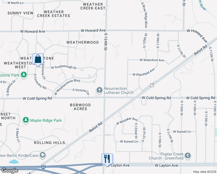 map of restaurants, bars, coffee shops, grocery stores, and more near 4234 South 124th Street in Greenfield