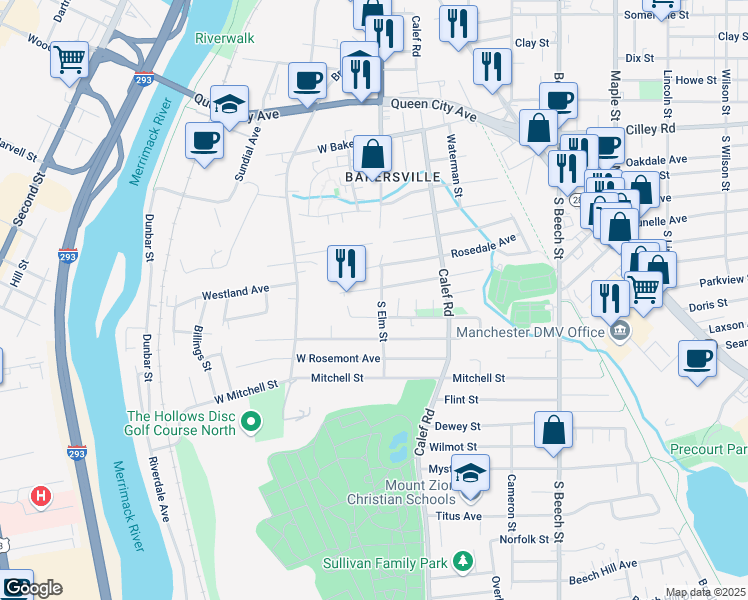 map of restaurants, bars, coffee shops, grocery stores, and more near 286 South Elm Street in Manchester