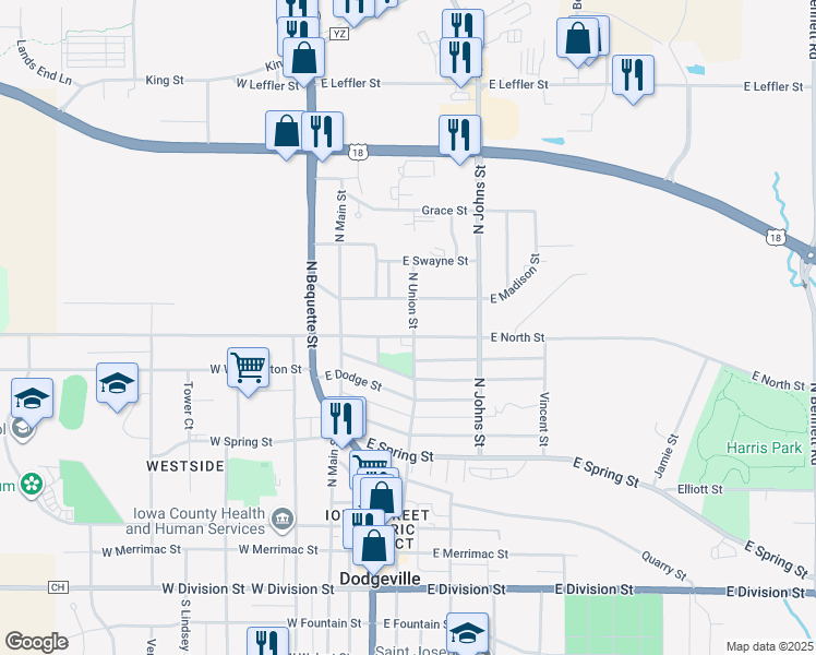map of restaurants, bars, coffee shops, grocery stores, and more near 134 East North Street in Dodgeville