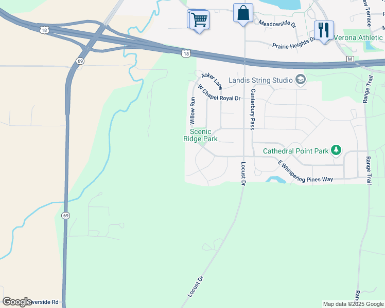map of restaurants, bars, coffee shops, grocery stores, and more near 1328 Scenic Ridge Drive in Verona