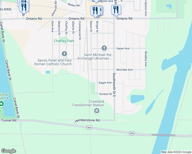 map of restaurants, bars, coffee shops, grocery stores, and more near 650 Wright Street in Welland