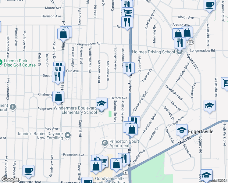 map of restaurants, bars, coffee shops, grocery stores, and more near 318 Springville Avenue in Buffalo