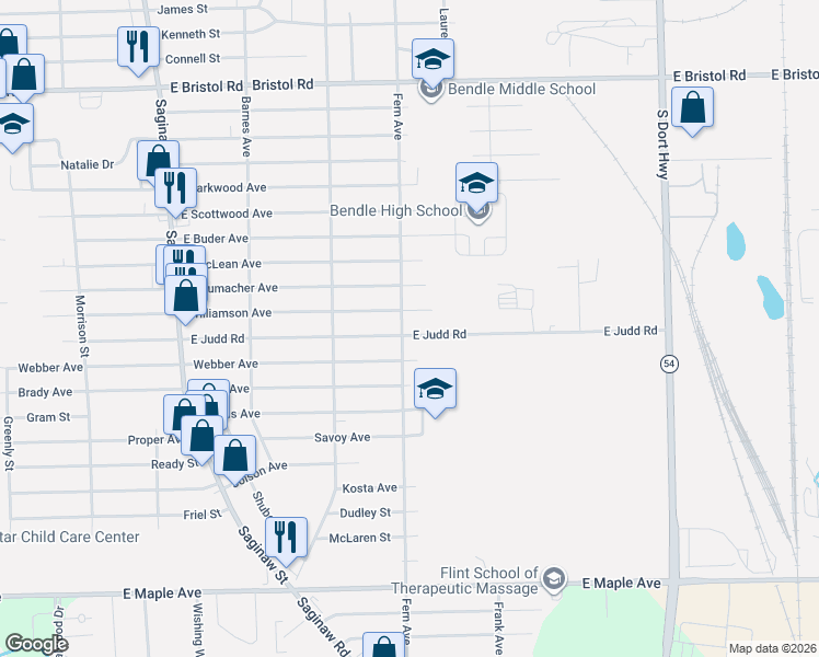 map of restaurants, bars, coffee shops, grocery stores, and more near 2263 East Judd Road in Burton