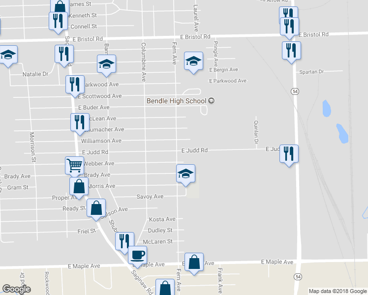 map of restaurants, bars, coffee shops, grocery stores, and more near 2263 East Judd Road in Burton