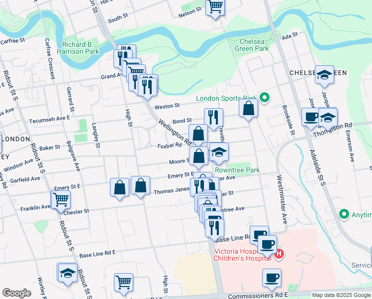map of restaurants, bars, coffee shops, grocery stores, and more near 55 Foxbar Road in London