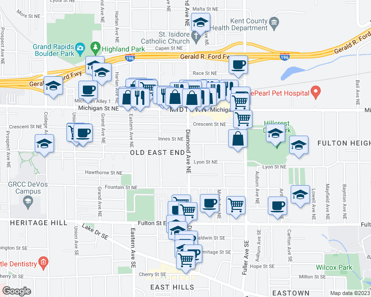 map of restaurants, bars, coffee shops, grocery stores, and more near 227 Diamond Avenue Northeast in Grand Rapids