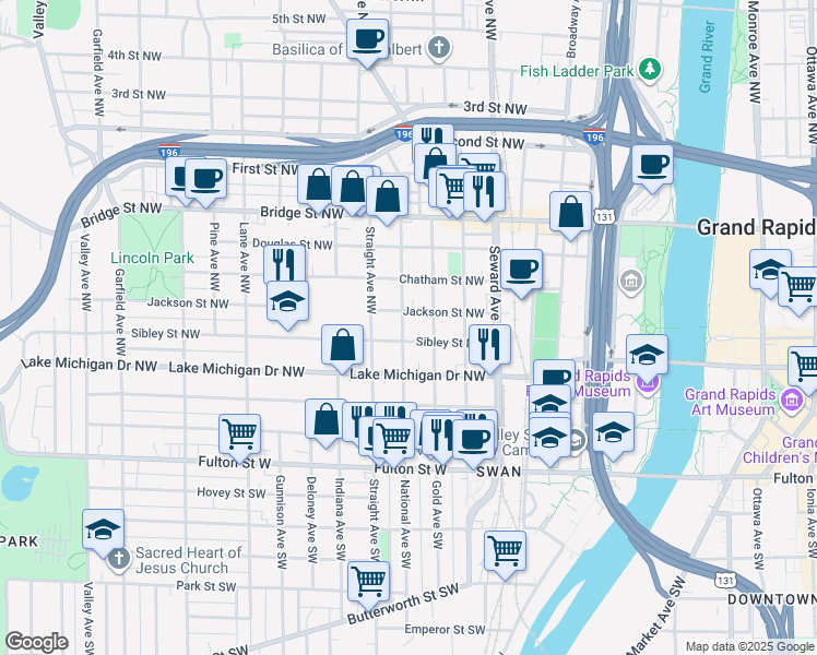 map of restaurants, bars, coffee shops, grocery stores, and more near 208 National Avenue Northwest in Grand Rapids