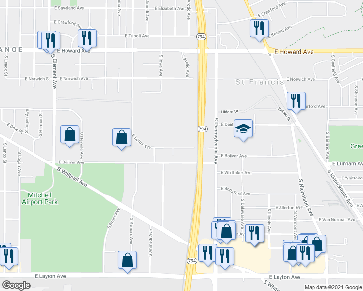 map of restaurants, bars, coffee shops, grocery stores, and more near 2118A East Leroy Avenue in Saint Francis