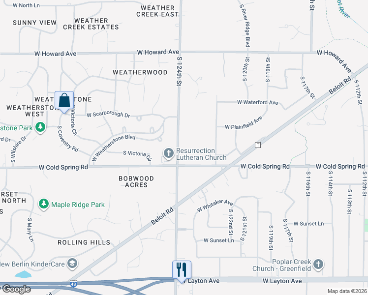 map of restaurants, bars, coffee shops, grocery stores, and more near 4234 South 124th Street in Greenfield
