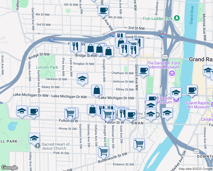 map of restaurants, bars, coffee shops, grocery stores, and more near 208 Straight Avenue Northwest in Grand Rapids