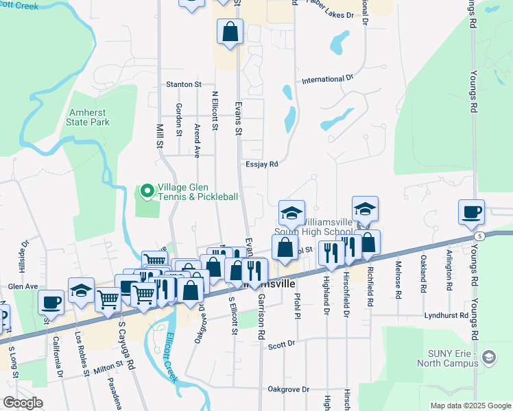 map of restaurants, bars, coffee shops, grocery stores, and more near 135 Evans Street in Williamsville