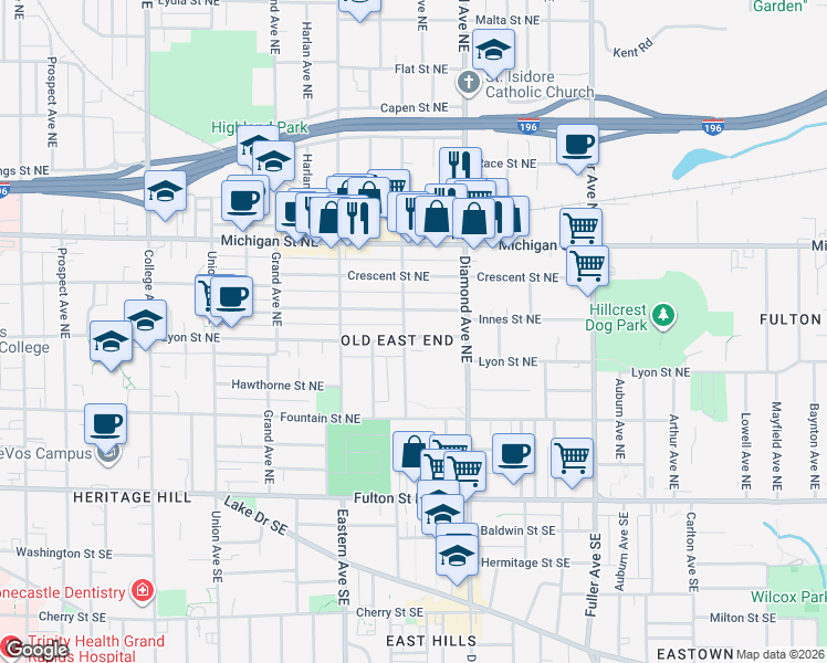 map of restaurants, bars, coffee shops, grocery stores, and more near 206 Houseman Avenue Northeast in Grand Rapids