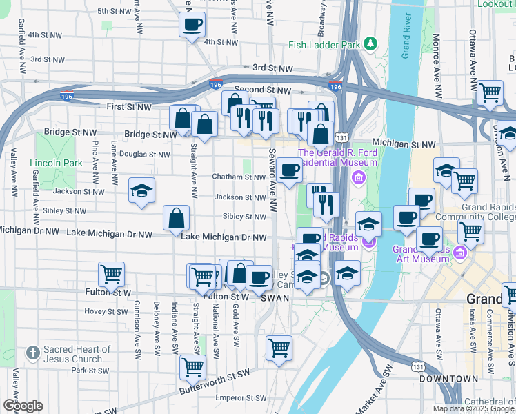 map of restaurants, bars, coffee shops, grocery stores, and more near 214 Lexington Avenue Northwest in Grand Rapids