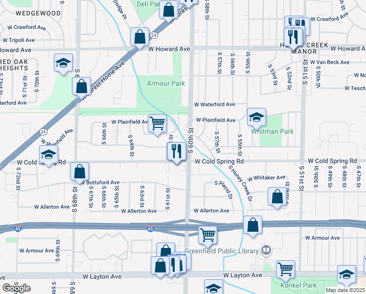 map of restaurants, bars, coffee shops, grocery stores, and more near 4233 South 60th Street in Greenfield
