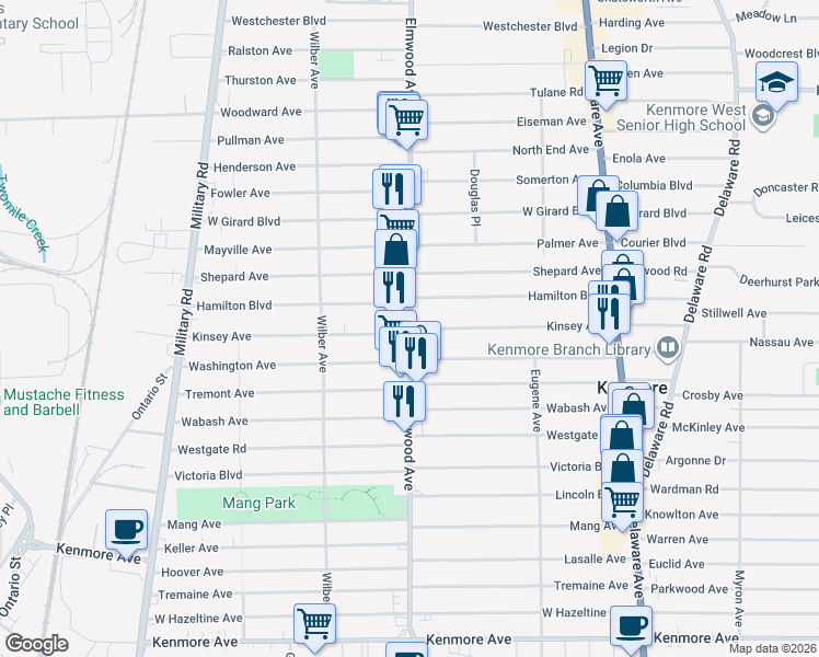 map of restaurants, bars, coffee shops, grocery stores, and more near Elmwood Avenue & Kinsey Avenue in Buffalo