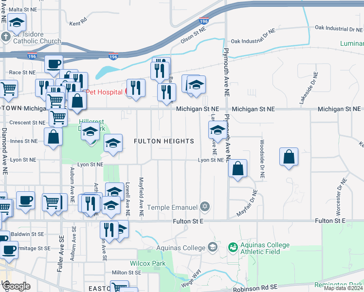 map of restaurants, bars, coffee shops, grocery stores, and more near 225 Wallinwood Avenue Northeast in Grand Rapids