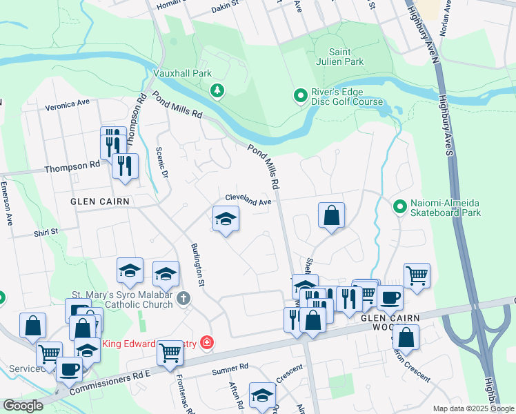 map of restaurants, bars, coffee shops, grocery stores, and more near 495 Cleveland Avenue in London