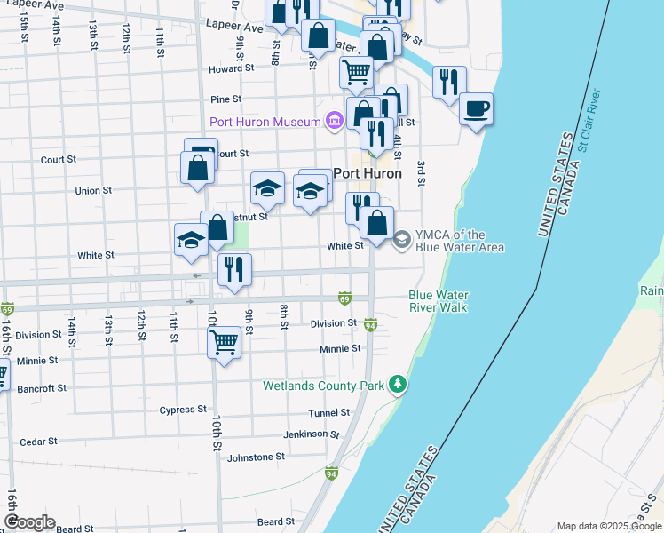 map of restaurants, bars, coffee shops, grocery stores, and more near 600 Griswold Street in Port Huron