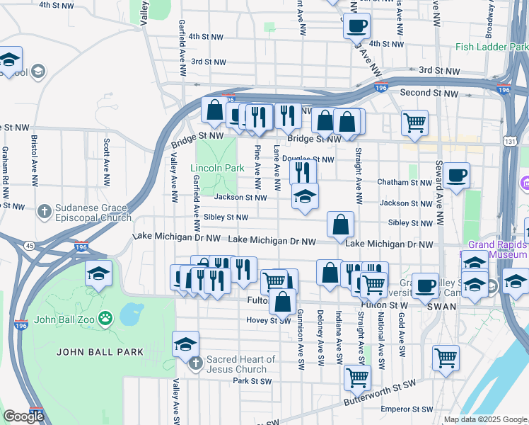 map of restaurants, bars, coffee shops, grocery stores, and more near 1019 Sibley Street Northwest in Grand Rapids