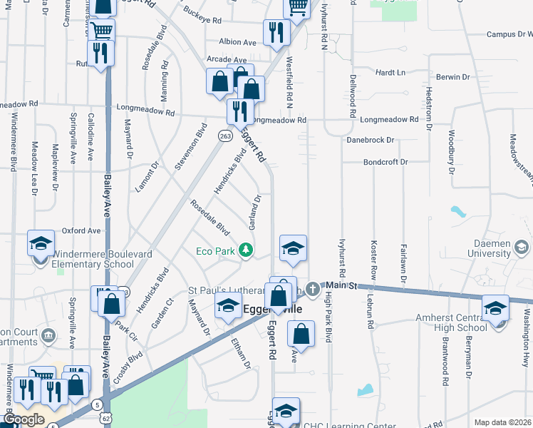 map of restaurants, bars, coffee shops, grocery stores, and more near 1432 Eggert Road in Buffalo