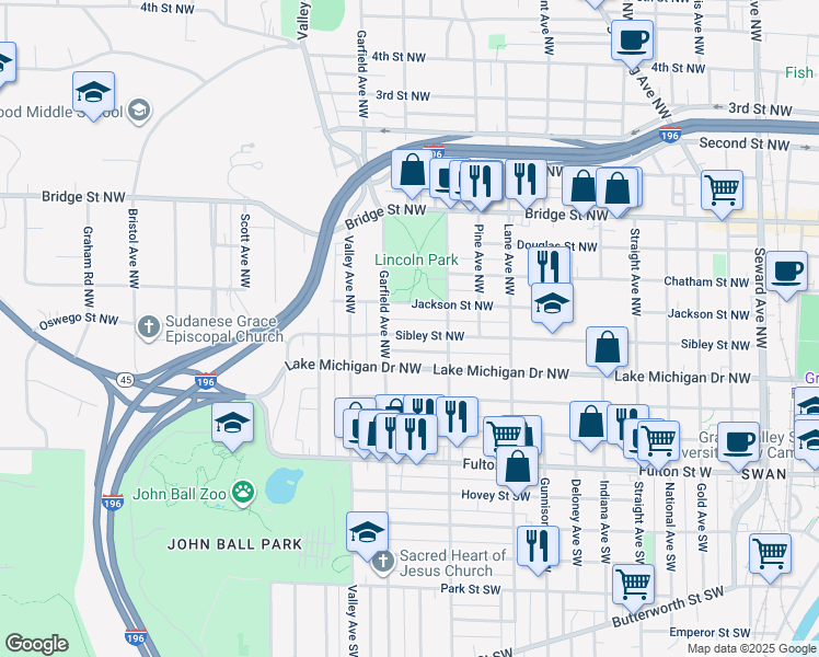 map of restaurants, bars, coffee shops, grocery stores, and more near 1137 Sibley Street Northwest in Grand Rapids