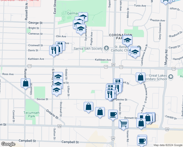 map of restaurants, bars, coffee shops, grocery stores, and more near 842 Ross Avenue in Sarnia