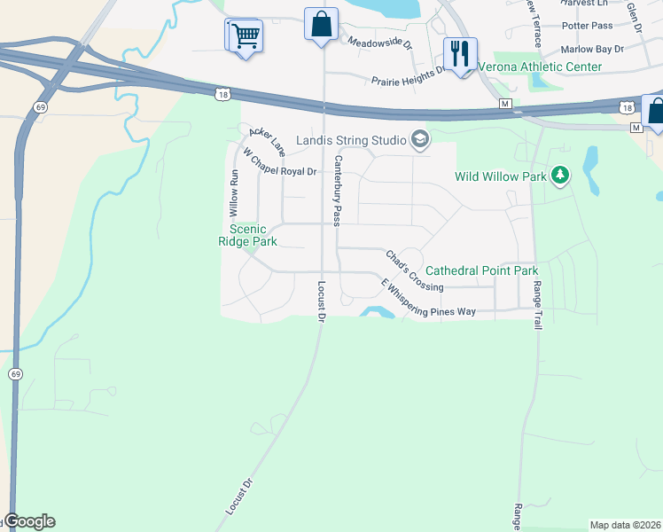 map of restaurants, bars, coffee shops, grocery stores, and more near 1280 Canterbury Pass in Verona